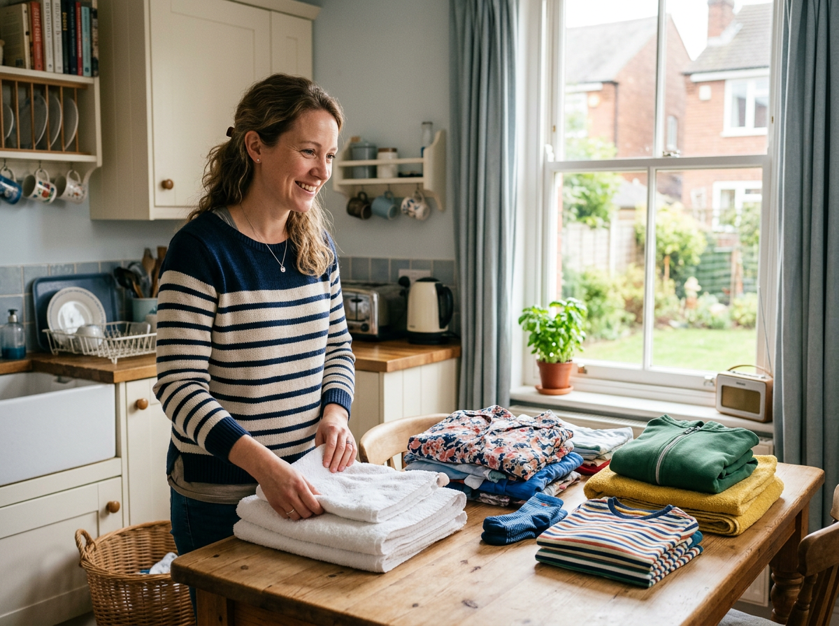A washer folding fresh towels and clothes at her kitchen table